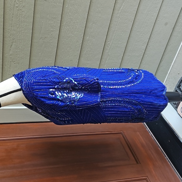 VINTAGE BEADED BLOUSE LESLIE FAY EVENINGS SHOULDER PADS L BLUE FANCY WOMEN'S - Picture 4 of 7